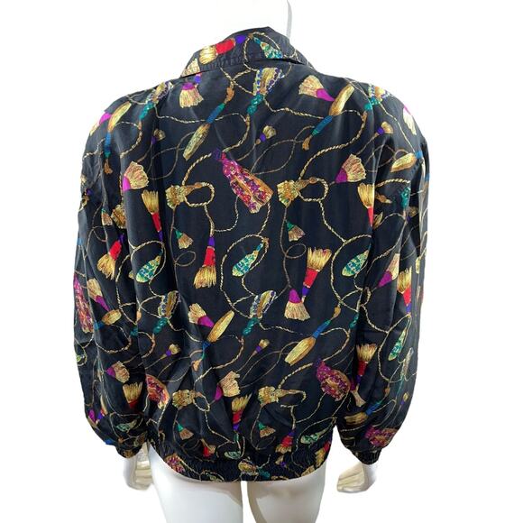 Vintage 90s Rhoda Lynne 100% Silk Tassel Print Bomber Jacket - Size Small - Picture 3 of 9